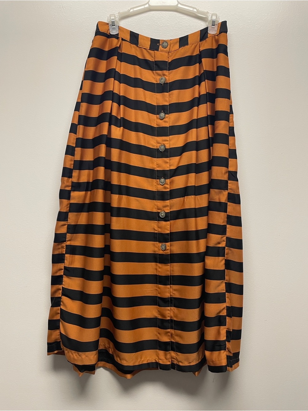 Who What Wear Striped Button-Front A-Line Midi Skirt in Black & Orange